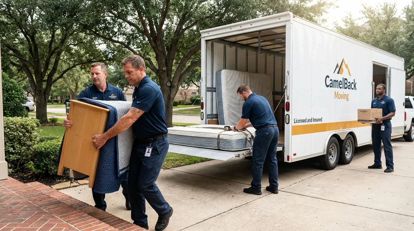Crew loading residential truck for cross-state move from Hartshorne, OK
