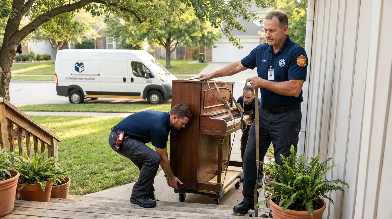 Licensed piano movers securing grand piano in Hartshorne, OK