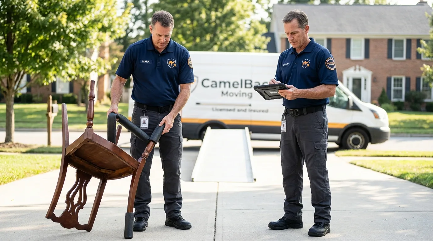 Movers inspecting furniture for damage prevention before loading in Hartshorne, OK