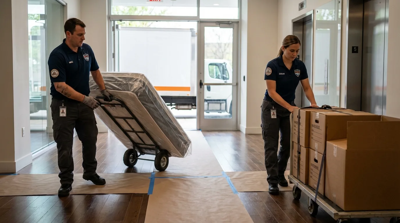 Professional apartment movers loading elevator in Hartshorne, OK
