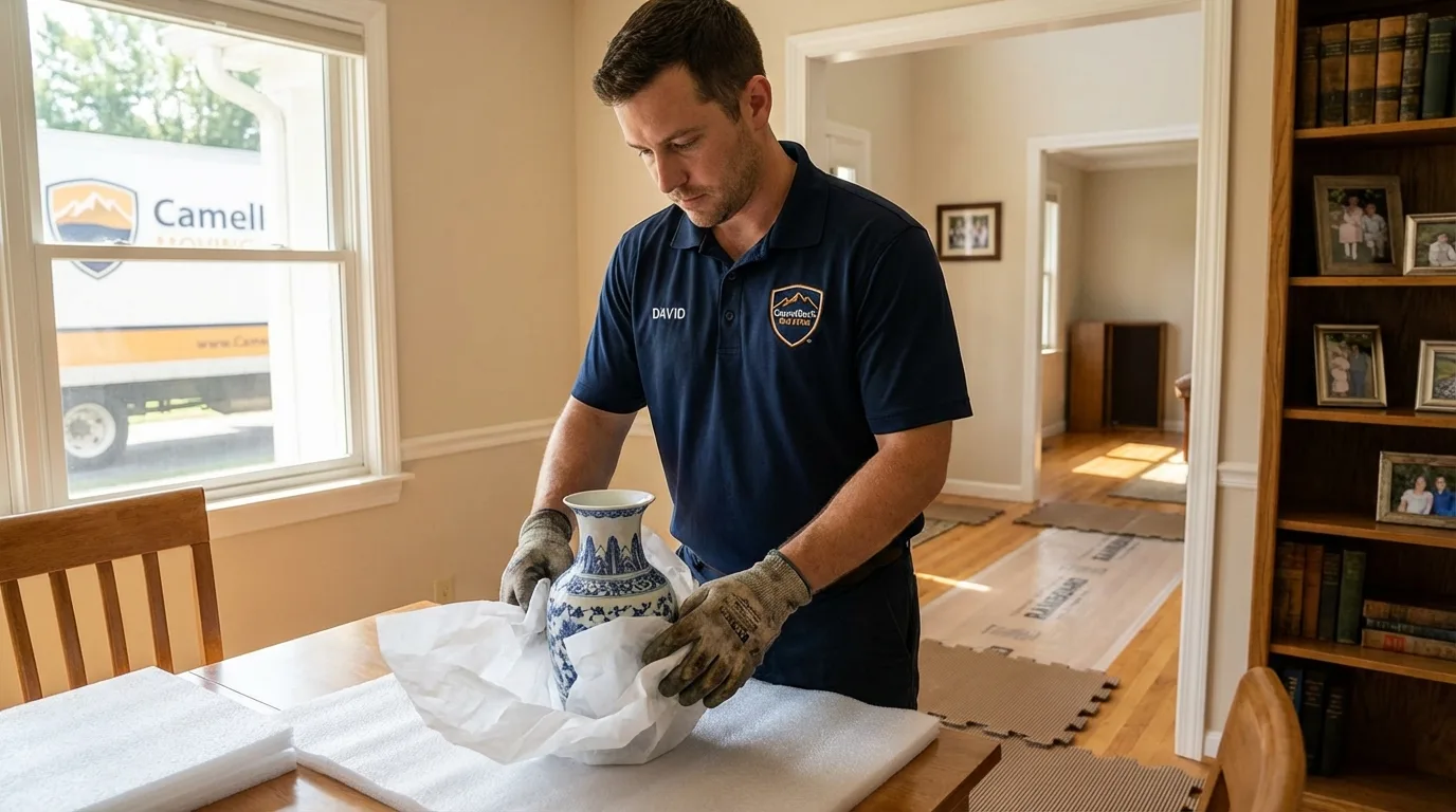 Professional crew carefully wrapping antique vase for senior downsizing move in Hartshorne, OK