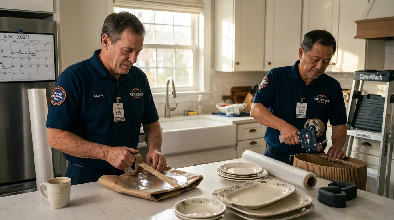 Professional crew packing kitchen dishware in Hartshorne, OK